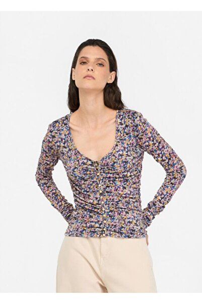 liu.jo Γυναικεία μπλούζα με στενή εφαρμογή, λαιμόκοψη V, λεοπάρ σχέδιο, μακρυ...