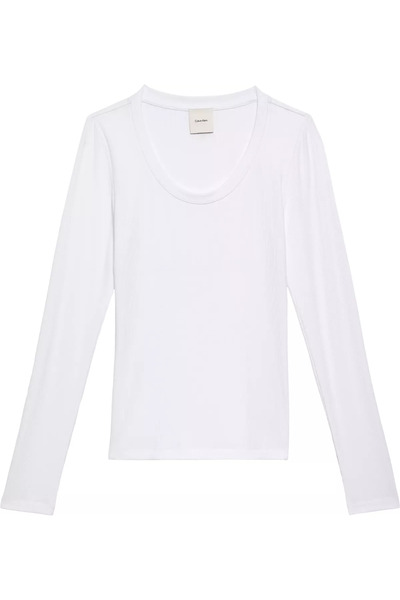 Calvin Klein Kadın Yuvarlak Yaka Slim Fit Uzun Kollu Beyaz T-Shirt