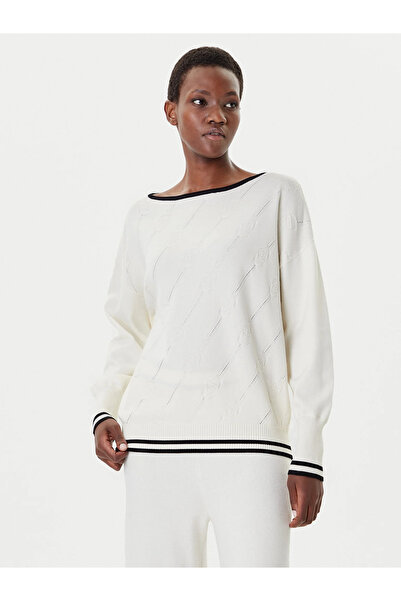 liu.jo Women's Wide Fit Rhinestone Decorated Boat Neck Long Sleeve White Sweater