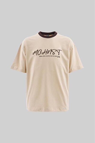 Machinist Men's Colored and Technical Embroidered Oversize Soft Beige T-Shirt