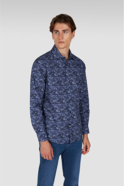 PAUL&SHARK Men's Regular Fit Cotton Floral Patterned Long Sleeve Navy Blue Shirt