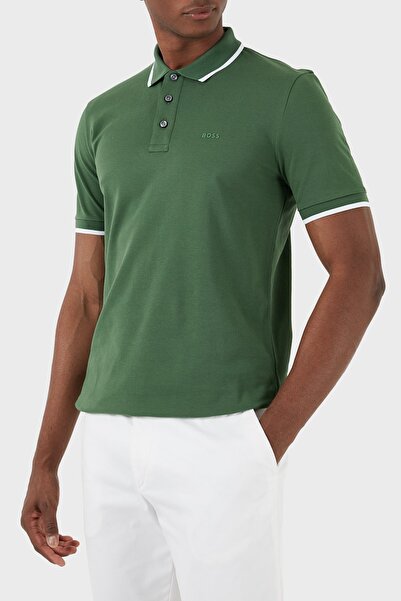 BOSS Erkek Pamuklu Polo Yakalı Düğme Kapamalı Kısa Kollu Yeşil Polo Yaka T-Shirt