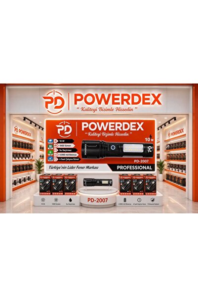 powerdex PD-2007 Şarjlı El Feneri | 10W Led, 1000 Lümen, Zoom, Cob Yan Işık +...