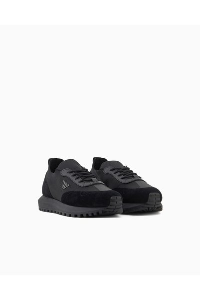Emporio Armani Men's Knitted and Suede Detailed Round Toe Eagle Logo Black Sneaker