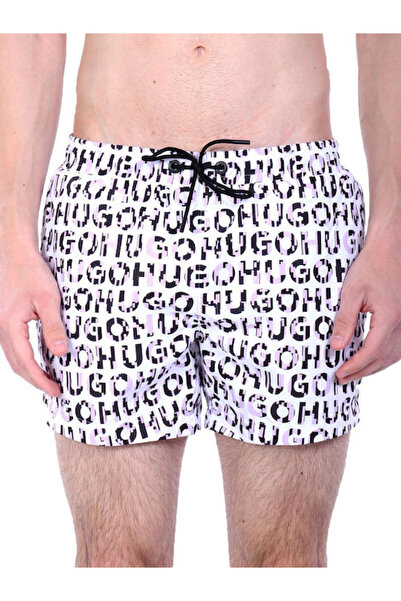 HUGO Men's Text Patterned Short White Swimsuit with Pockets