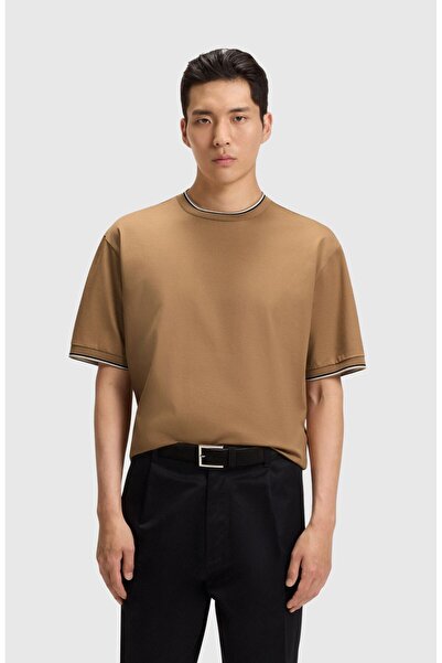 BOSS Erkek %100 Pamuk Rahat Kalıp Yuvarlak Yakalı Kısa Kollu Bej T-Shirt