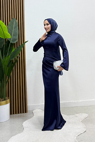 Tarzım Tuba Πολυτελές Σκούρο Μπλε Σατέν Φόρεμα Ζάρα με Ισπανικό Μανίκι και Ντ...