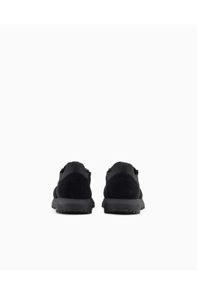 Emporio Armani Men's Knitted and Suede Detailed Round Toe Eagle Logo Black Sneaker