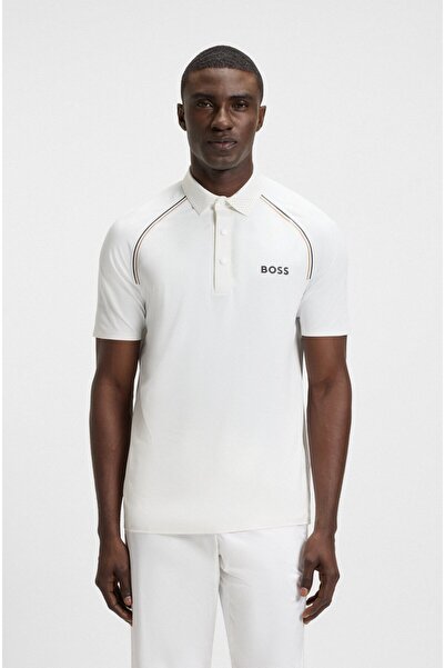 BOSS Erkek Dar Kalıp Marka İmza Çizgili Beyaz Polo Yaka T-Shirt