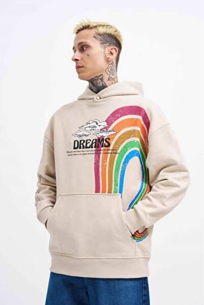 Machinist Men's Rainbow Printed Light Beige Hoodie
