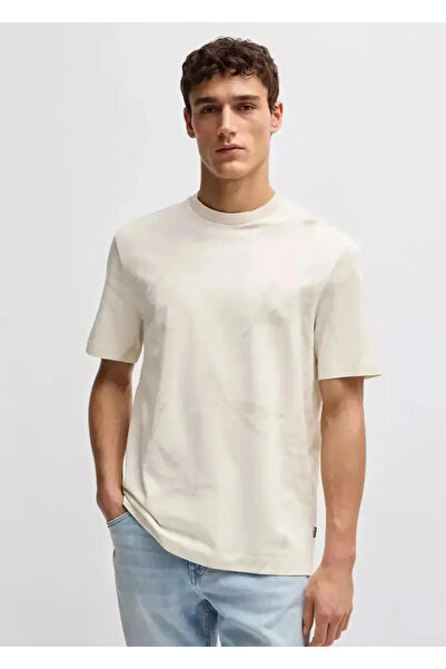 BOSS Erkek Yuvarlak Yaka Kısa Kollu Pamuklu Desenli Bej T-Shirt