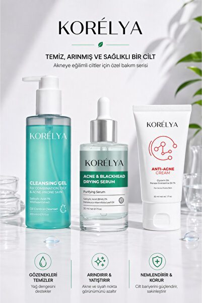 KORELYA Akneye Eğilimi Ciltler İçin 3'lü Bakım Seti