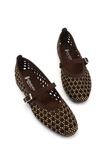 GÖNDERİ(R) Γυναικείο καφέ Σουέτ Πέτρα Mary Jane Μπαλαρίνα