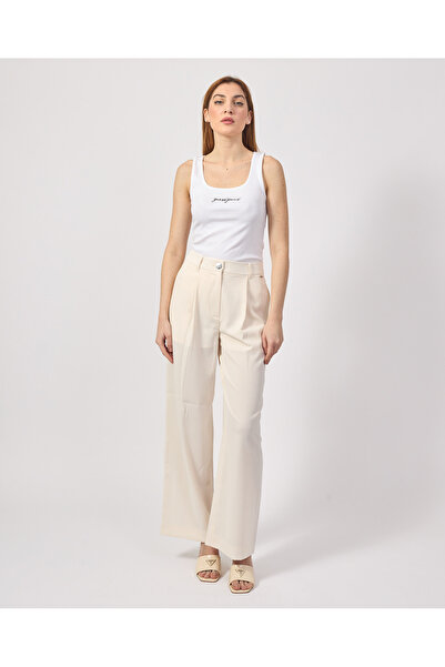 Armani Exchange Women's Relaxed Fit Wide Leg Cotton Pleated Ecru Trousers