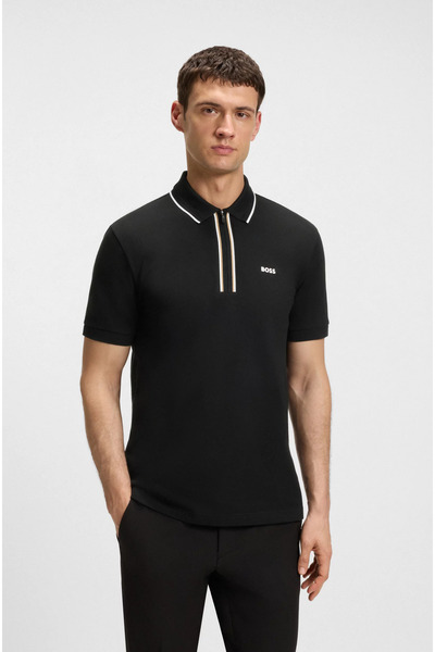 BOSS Erkek Slim Fit Hızlı Kuruyan Esnek Pamuklu Kısa Kollu Fermuarlı Siyah Po...