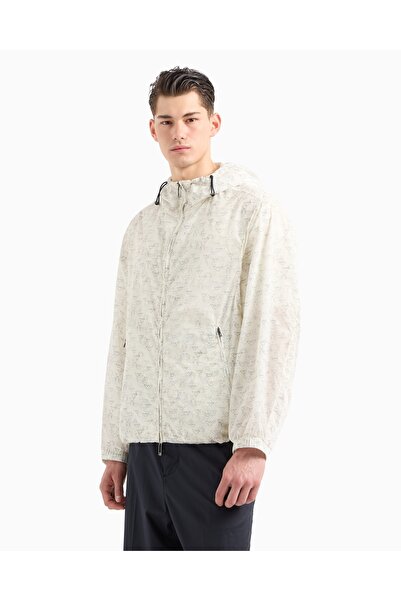 Emporio Armani Men's Hooded Zippered Eagle Patterned White Jacket