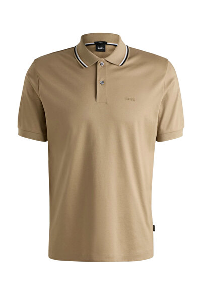 BOSS Erkek Pamuklu Polo Yakalı Düğme Kapamalı Kısa Kollu Bej1 Polo Yaka T-Shirt
