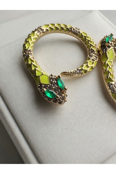 AlminaMia 316L Stainless Steel Snake Earring Green Stone Enamel Detailed Hoop...