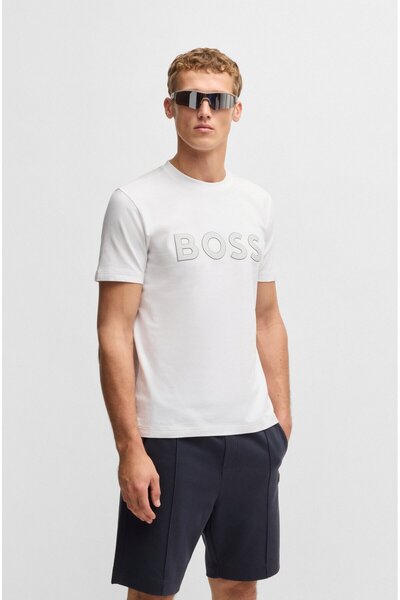 BOSS Erkek Regular Fit Pamuklu Büyük Logolu Kısa Kollu Beyaz T-Shirt