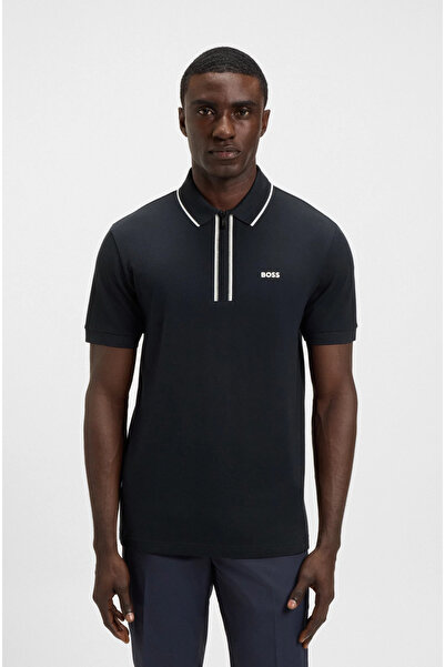 BOSS Erkek Slim Fit Hızlı Kuruyan Esnek Pamuklu Kısa Kollu Fermuarlı Lacivert...