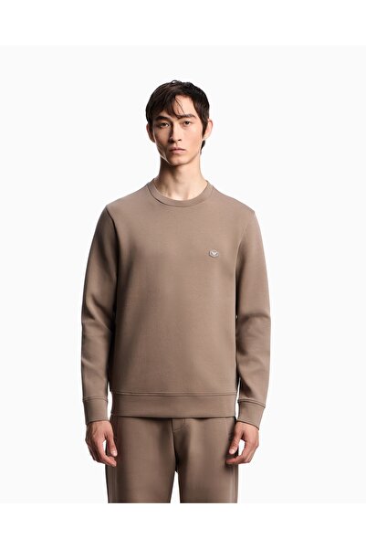 Emporio Armani Men's Cotton Logo Detailed Round Neck Beige Sweatshirt