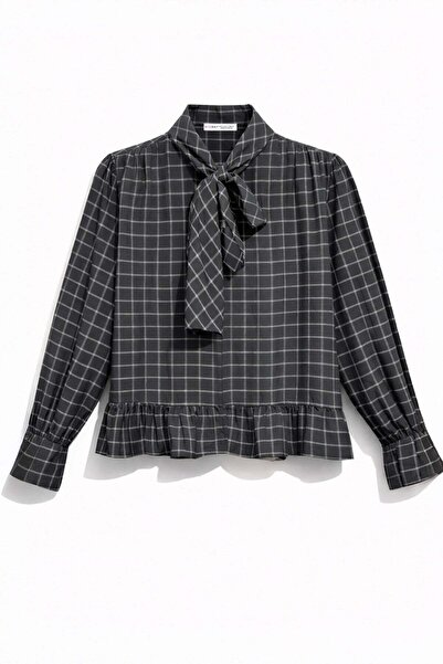 Mixray 4881 Γυναικεία καρό μπλούζα με διακοσμητικό γιακά και βολάν μαύρο