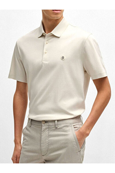 BOSS Erkek Polo Yaka Düğme Kapamalı Kısa Kol Bej Polo Yaka T-Shirt