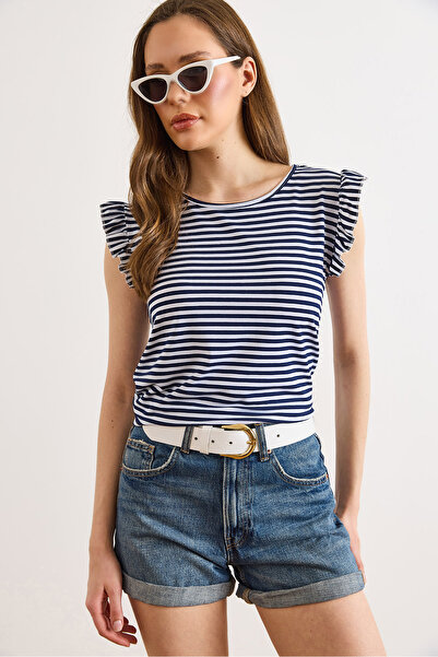 Olalook Γυναικεία ριγέ μπλε ναυτικό μανίκι Frilly πίσω γραβάτα πλεκτή βισκόζη...