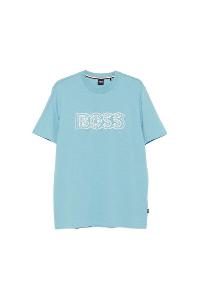 BOSS Erkek Yazı Detay Bisiklet Yaka Kısa Kol Pamuklu Mavi T-Shirt