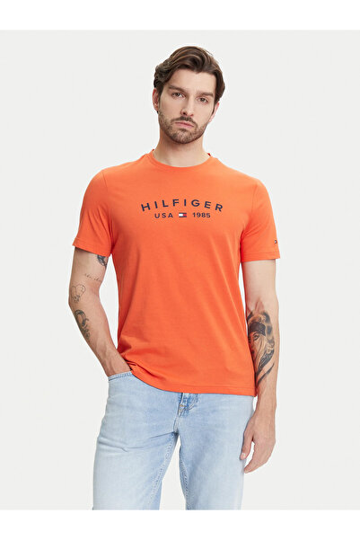 Tommy Hilfiger Erkek Kısa Kol Bisiklet Yaka Yazı Desen Slim Fit Turuncu T-Shirt