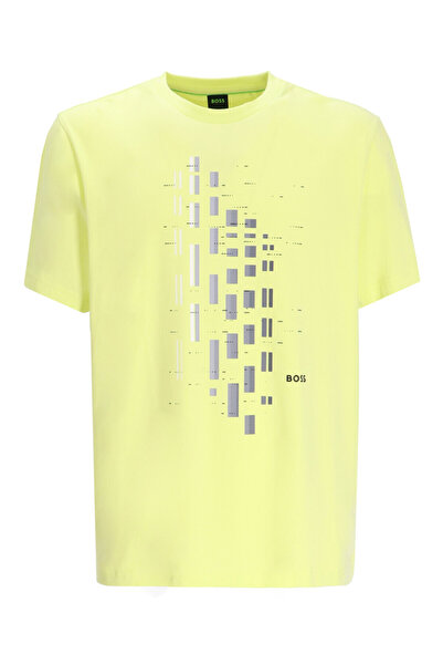 BOSS Erkek Bisiklet Yaka Kısa Kollu Desenli Vücudu Sarmayan Rahat Sarı T-Shirt
