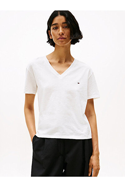 Tommy Hilfiger SLUB MDRN V-NK SS T-SHIRT Kadın Beyaz T-Shirt - WW0WW43901
