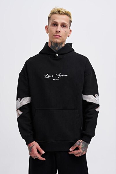 Machinist Erkek Birds Embroidered Kapüşonlu Sweatshirt Siyah