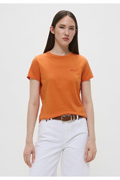 BOSS Kadın Dar Kesim %100 Pamuk Yuvarlak Yakalı Kısa Kollu Turuncu T-Shirt