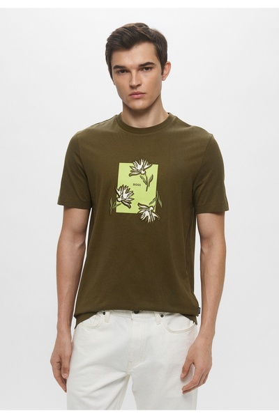 BOSS Erkek Kısa Kol Bisiklet Yaka Çiçek Desenli Pamuklu Yeşil T-Shirt