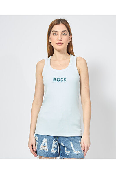 BOSS Kadın Slim Fit Kalın Askı Yazılı Mavi Atlet