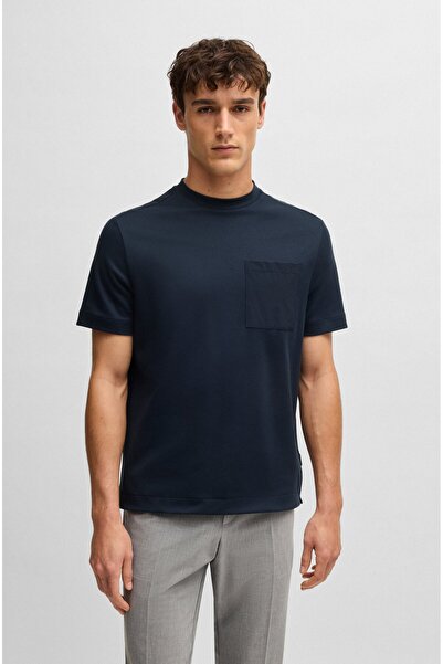 BOSS Erkek Normal Kesim Cep Detaylı Pamuklu Kısa Kollu Mavi T-Shirt