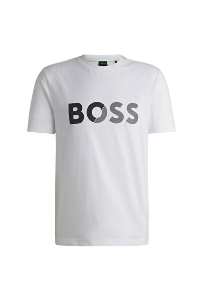 BOSS Erkek %100 Pamuklu Logo Detaylı Bisiklet Yaka Kısa Kollu Beyaz T-Shirt