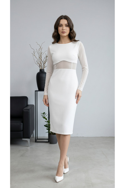 Rokka Moda Şeffaf Detaylı V-Kesim Midi Elbise - Beyaz