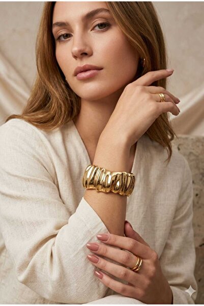 TLSMACCESORIES KELEPÇE BİLEZİK GOLD KALIN DÜZ OLUKLU MODEL