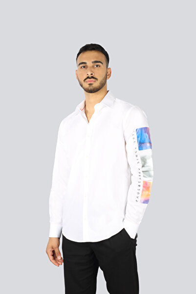 PAUL&SHARK Men's Regular Cut 100% Cotton Sleeve Printed Long Sleeve White Shirt