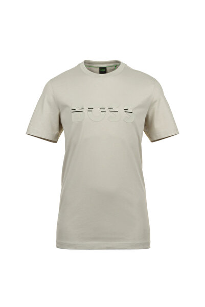 BOSS Erkek Sıfır Yaka Kısa Kollu Büyük Logolu Krem T-Shirt