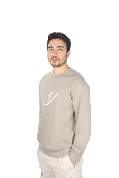 Emporio Armani Men's Round Neck Brand Logo Beige Sweater