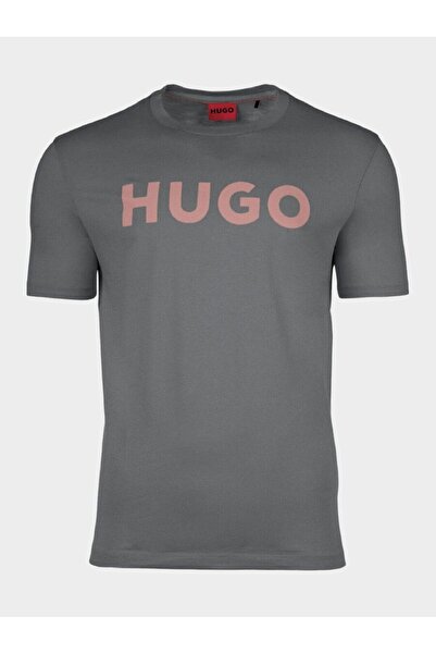 HUGO Erkek %100 Pamuklu Logolu Kısa Kollu Gri T-Shirt