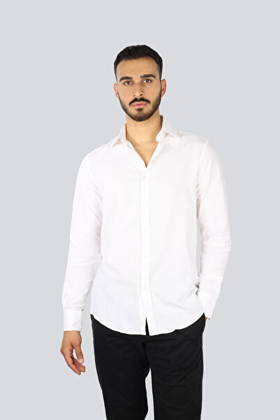 PAUL&SHARK Erkek Regular Fit Pamuklu Kesik Yaka Uzun Kollu Beyaz Gömlek