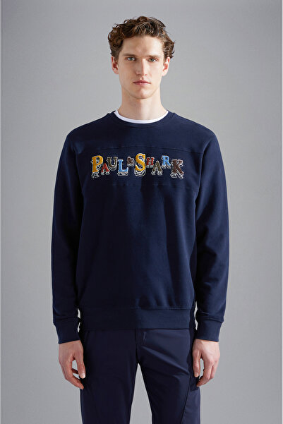Men's Regular Fit Crew Neck Multicolor Embroidered Cotton Long Sleeve Blue Sweatshirt