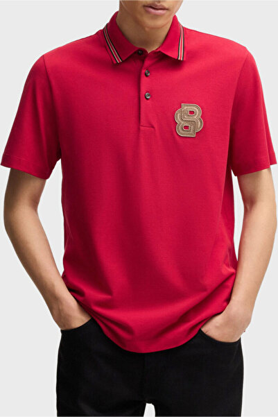 BOSS Erkek Regular Fit Monogram Logolu Yaka Detaylı Pamuklu Kısa Kollu Kırmız...