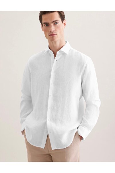 ilayda emir Λευκό ανδρικό πουκάμισο από 100% λινό - Ειδική κλασική casual εφα...
