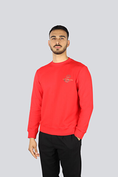 Men's Logo Top Snake Patterned Round Neck Regular Fit Long Sleeve Red Sweatshirt