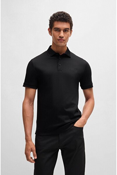 BOSS Erkek Pamuklu Polo Yakalı Düğme Kapamalı Kısa Kollu Siyah Polo Yaka T-Shirt